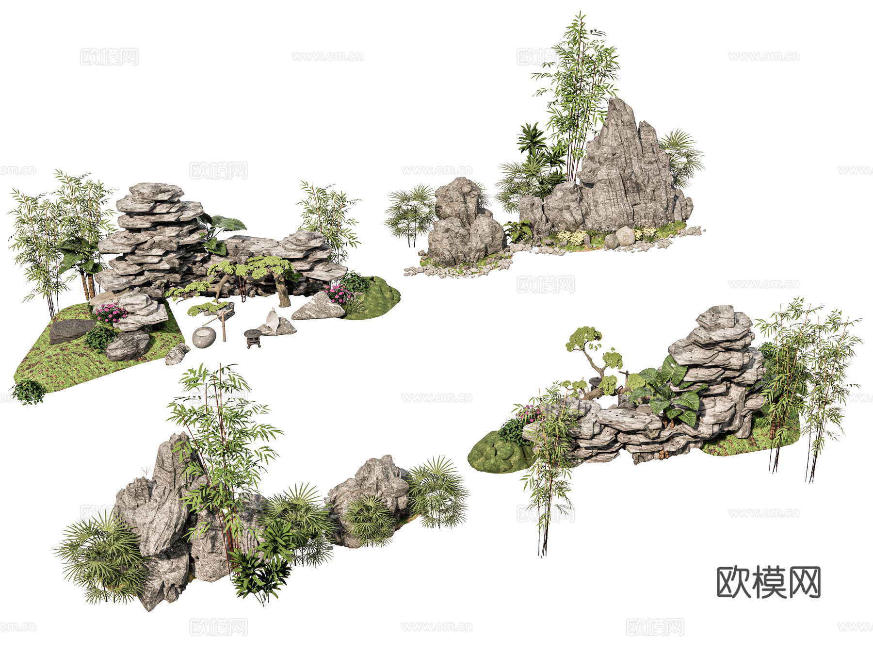 新中式庭院石头 庭院石头造景小品 石头岩石 石块碎石岩石 竹su模型