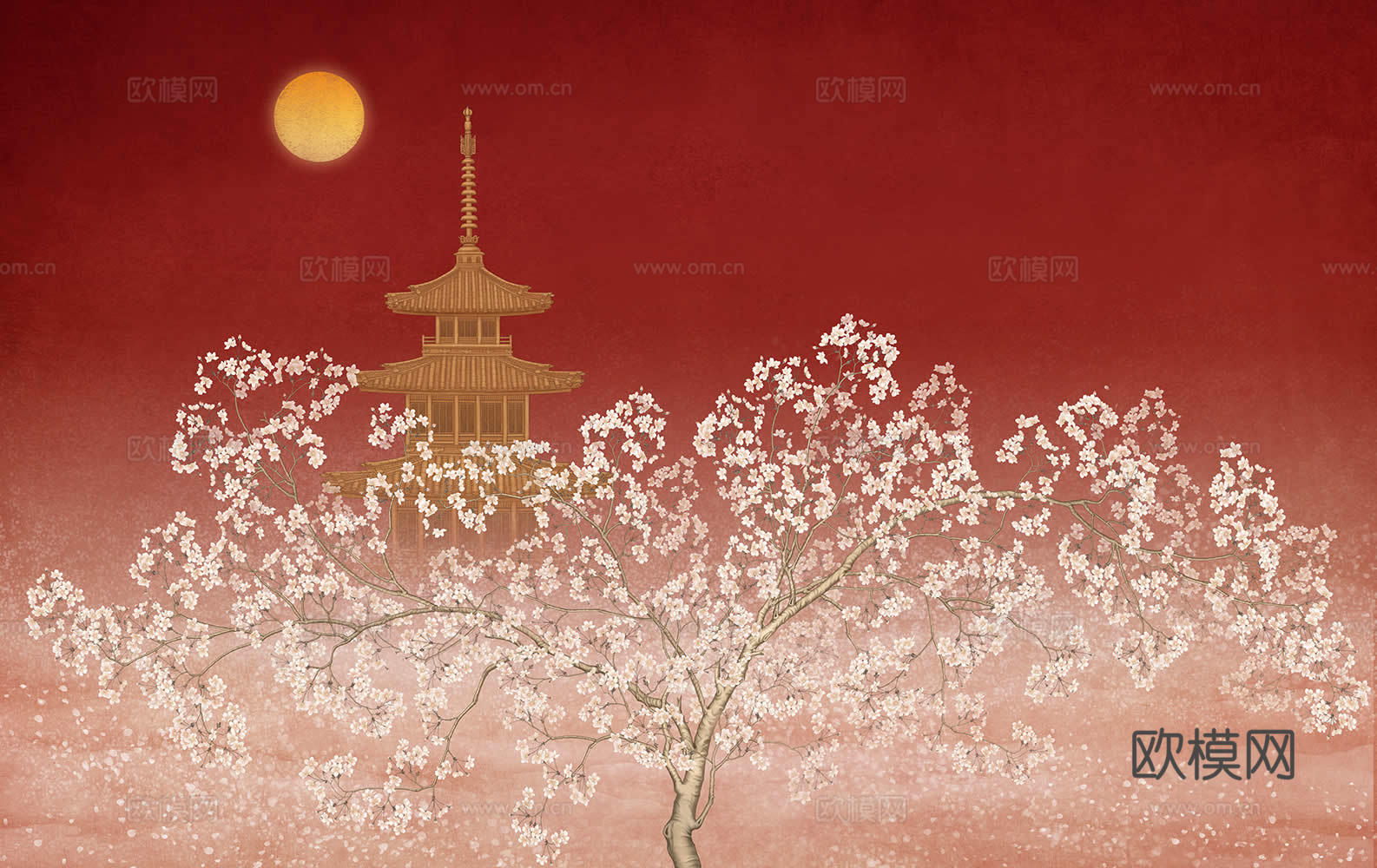 新中式红色系山水建筑壁纸壁画