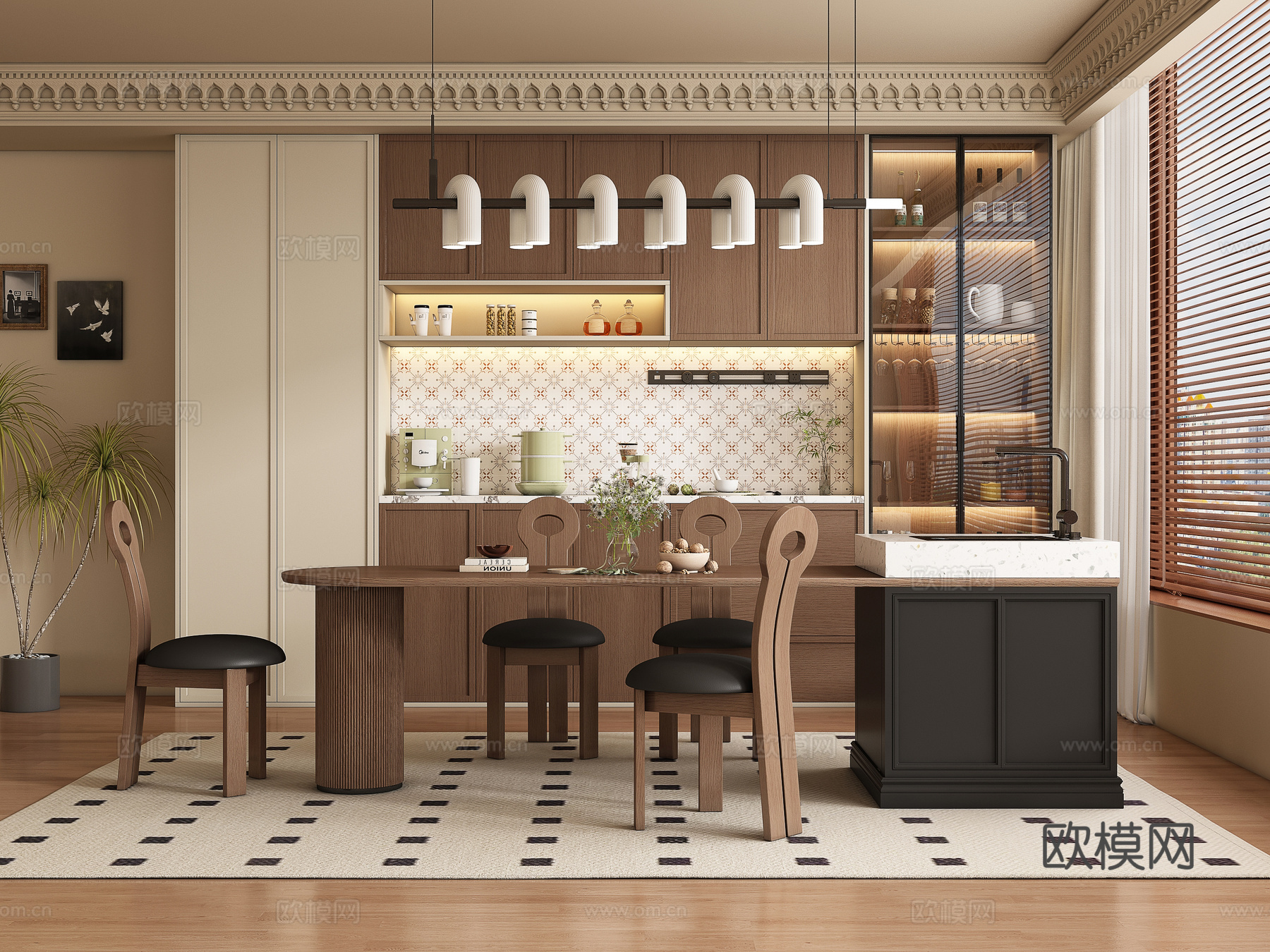 中古风餐厅 餐桌椅su模型下载（渲染图1）