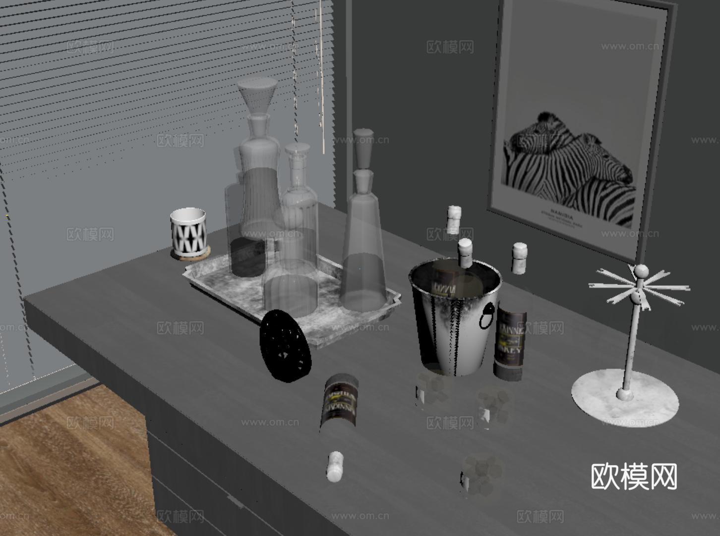 现代酒瓶酒杯 酒水 酒具 洋酒红酒 托盘免费su模型