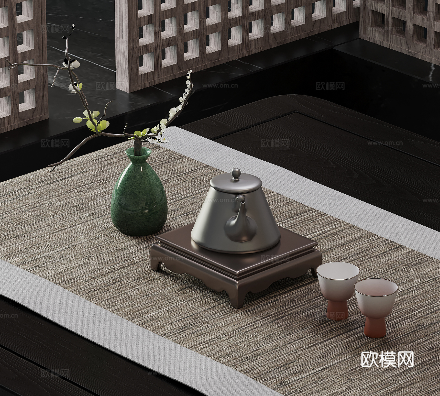 新中式茶具 茶壶 茶杯su模型