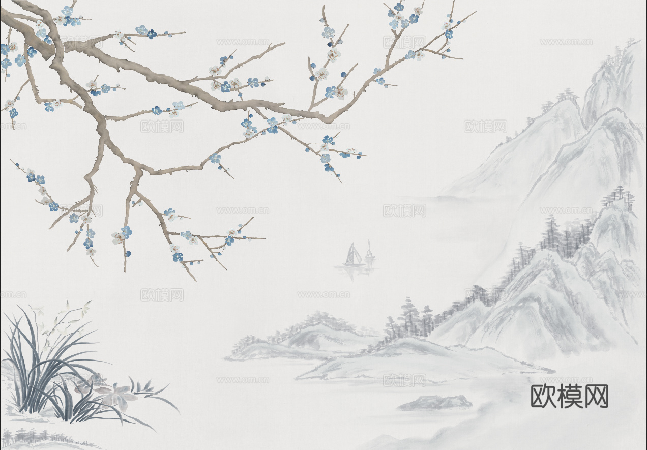 中式山水壁画壁纸  新中式山水建筑壁纸壁画装饰画