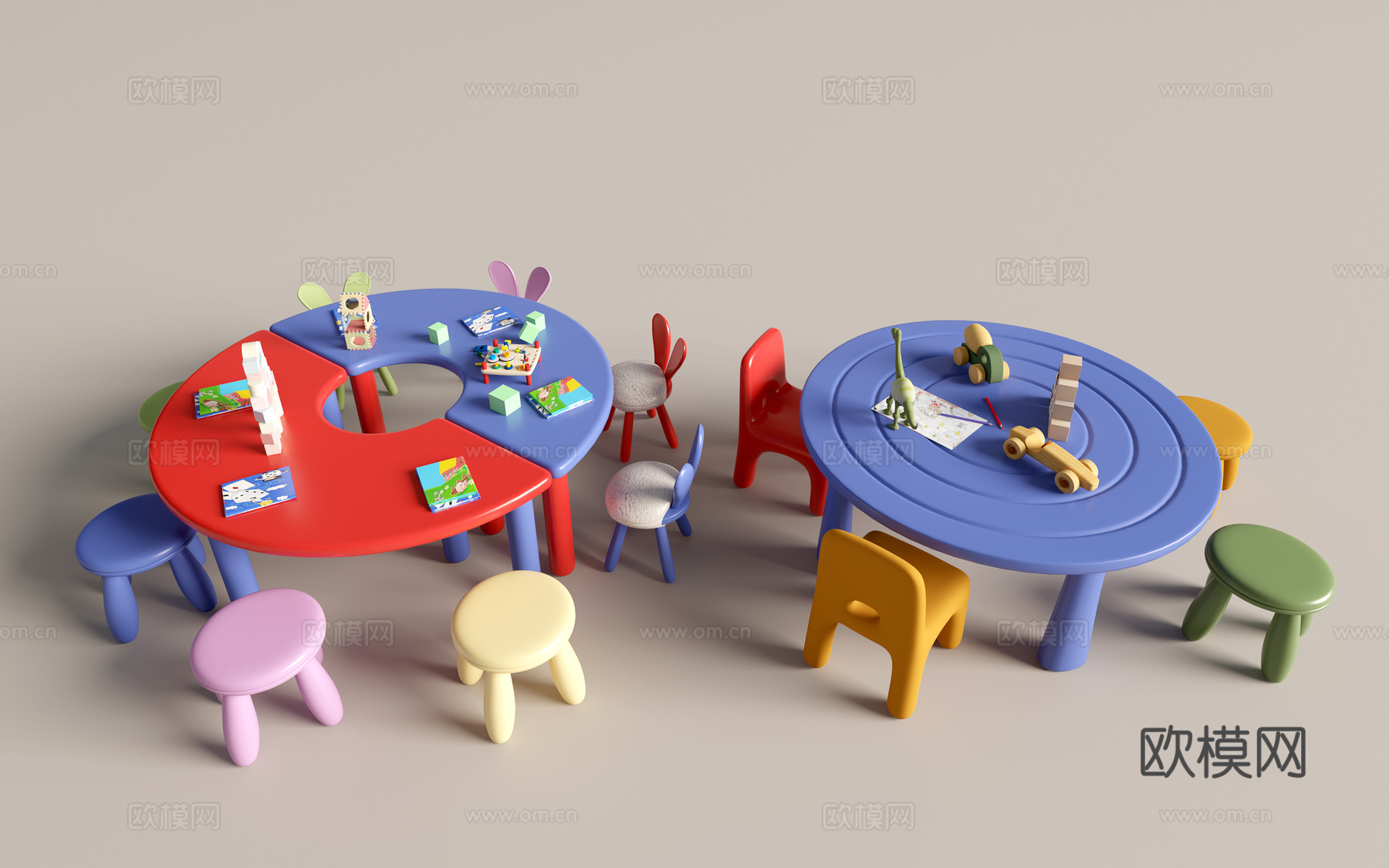 现代幼儿园桌椅 幼儿园玩具 儿童座椅组合 儿童手工桌 卡通桌3d模型