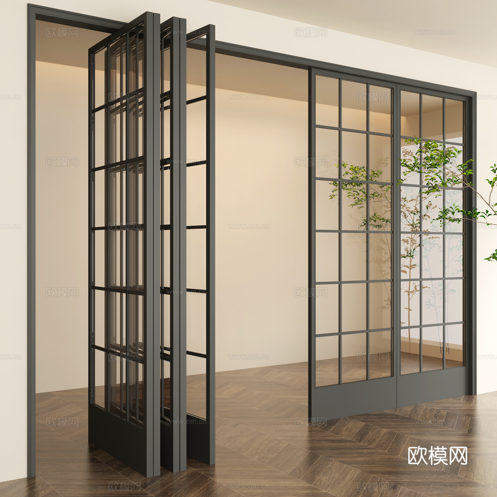 法式美式玻璃推拉门折叠门su模型