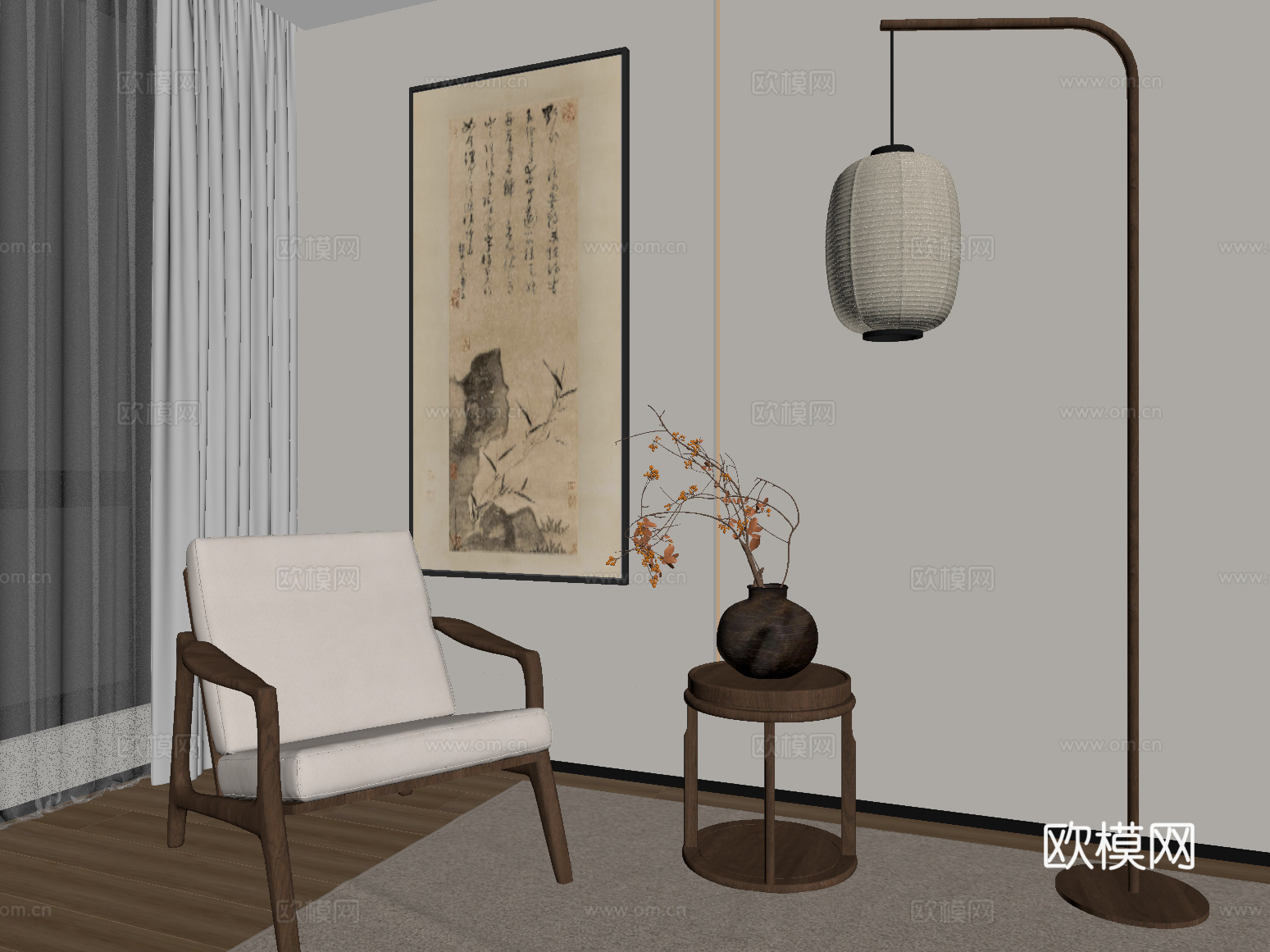新中式落地灯 休闲椅 装饰画 边几su模型