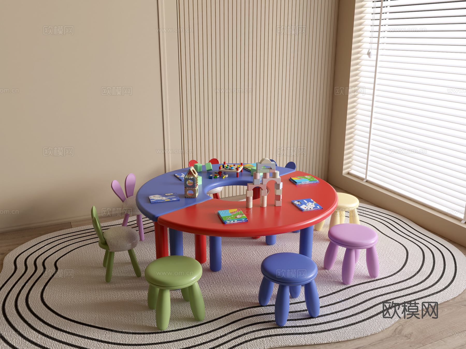 现代幼儿园桌椅 幼儿园玩具 儿童座椅组合 儿童手工桌 卡通桌su模型