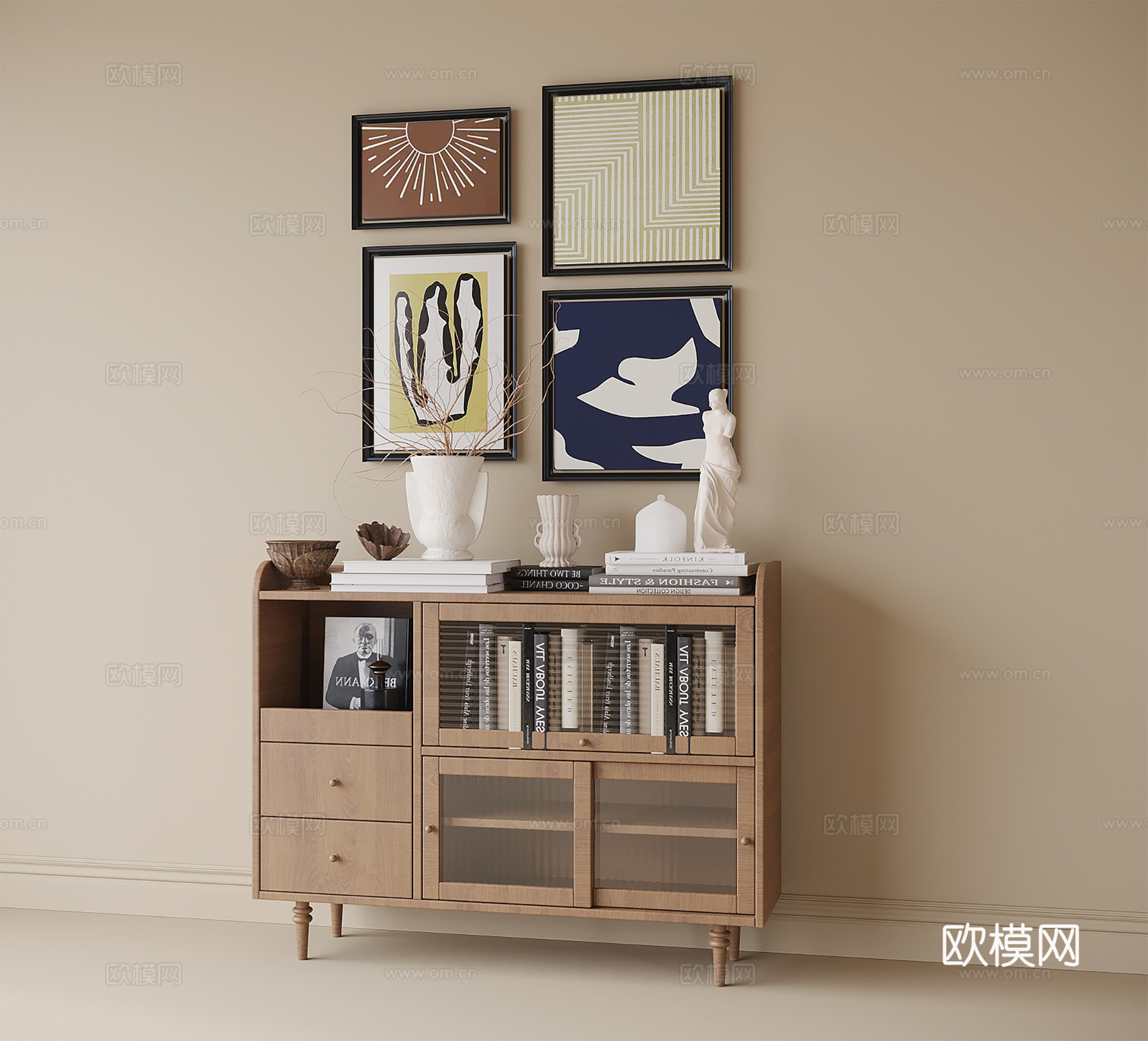 现代边柜 装饰柜 挂画su模型