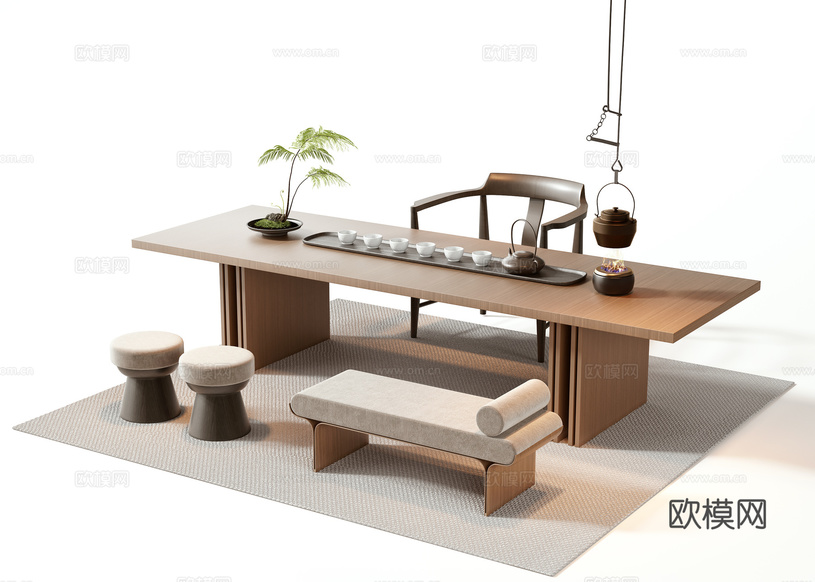 茶桌椅3d模型下载(渲染图3)