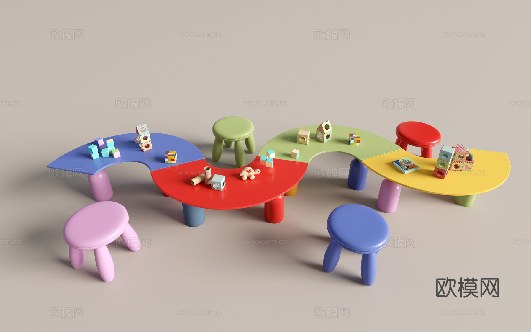 现代幼儿园桌椅 幼儿园玩具 儿童座椅组合 儿童手工桌 卡通桌3d模型