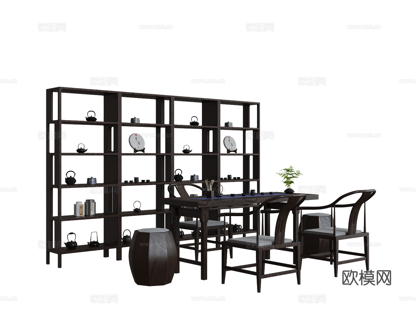 新中式茶桌椅组合 茶柜 摆件3d模型