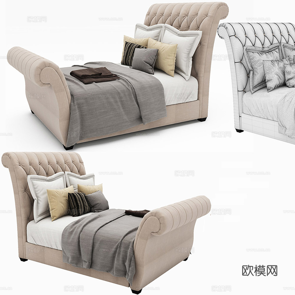 Waverly Taupe 特大号软垫雪橇床，带纽扣簇绒床头3d模型