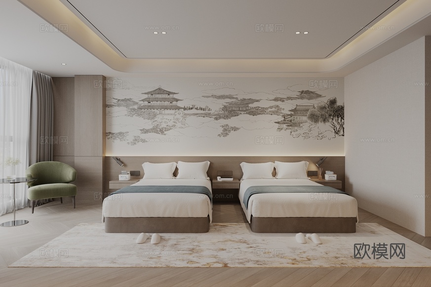 現(xiàn)代新中式酒店客房 標(biāo)準(zhǔn)間 民宿客房 休閑沙發(fā)3d模型下載(渲染圖2)