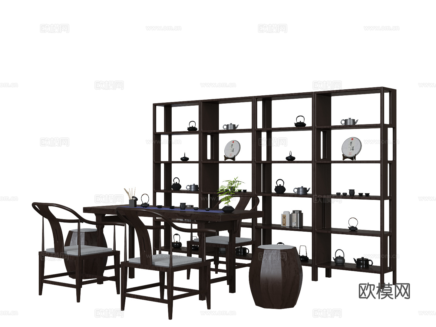 新中式茶桌椅组合 茶柜 摆件3d模型