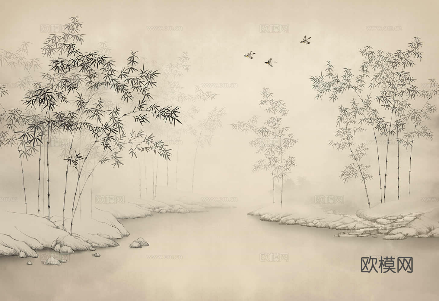 新中式山竹林壁纸壁画  中式山水壁纸壁画