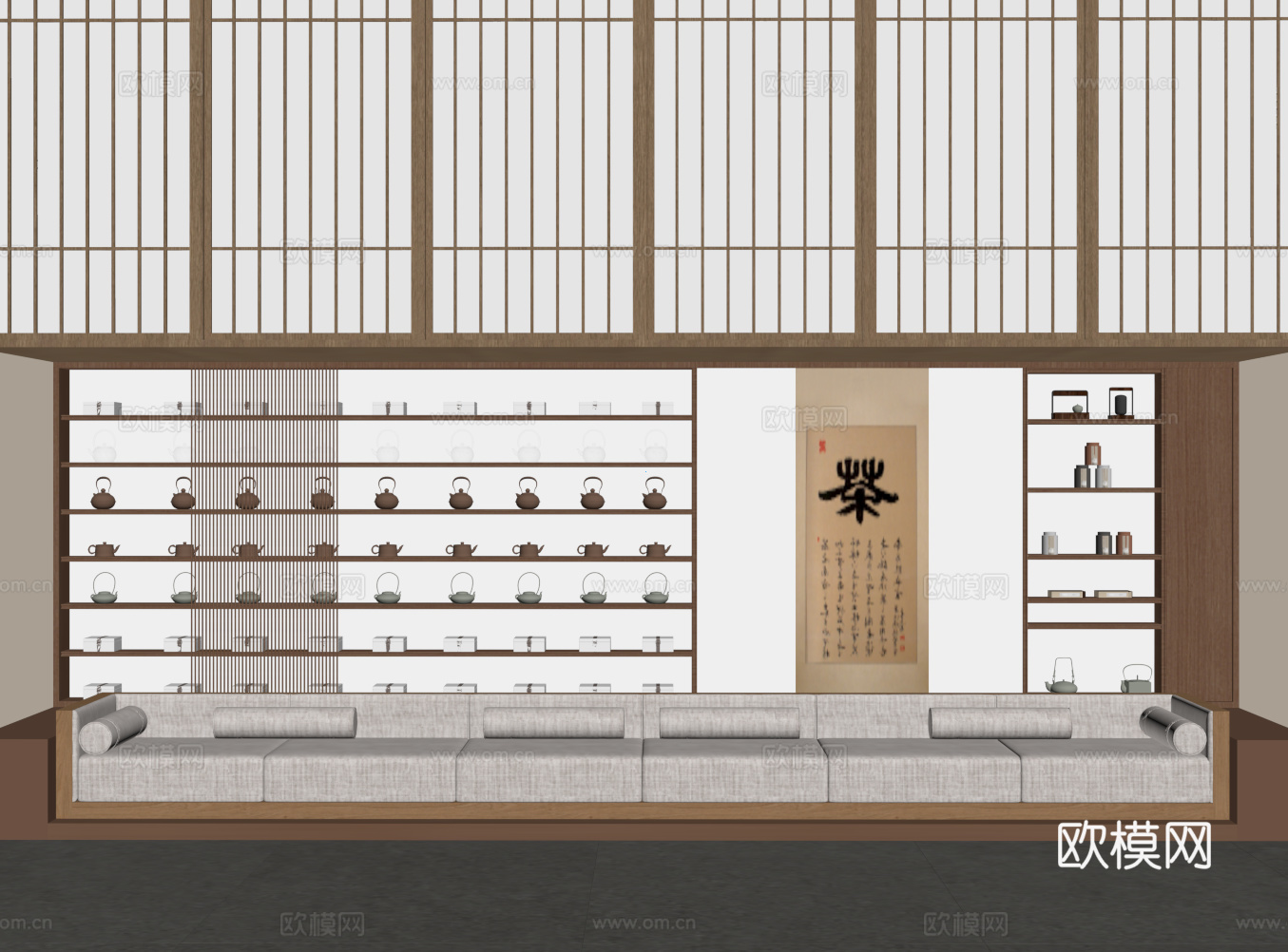 新中式茶叶柜 展示柜 形象墙 卡座su模型