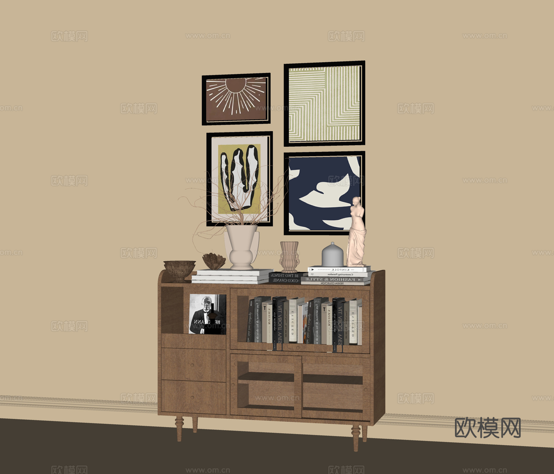 现代边柜 装饰柜 挂画su模型