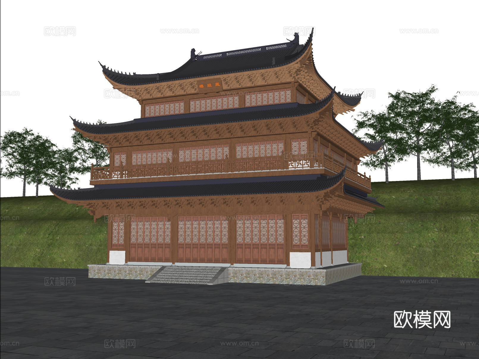 中式古建 寺庙 大殿 藏经楼su模型
