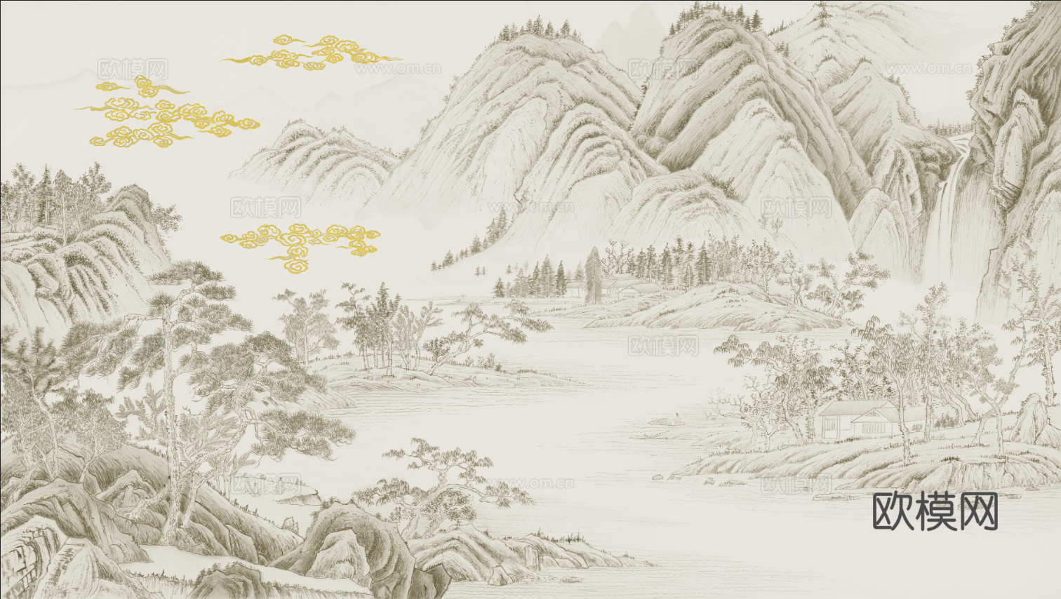中式山水壁画壁纸  新中式山水壁纸壁画装饰画