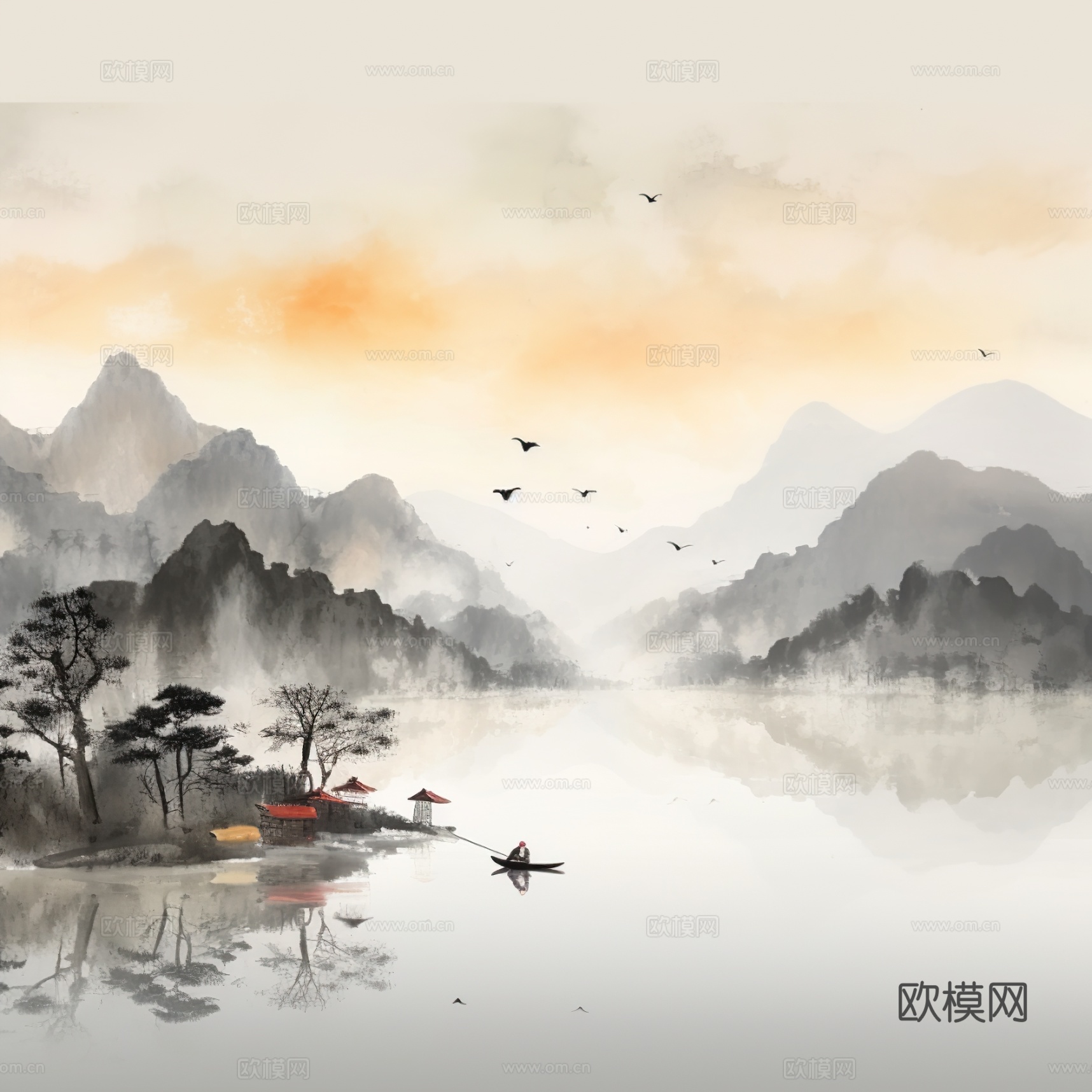 新中式山水壁纸壁画  中式山水壁纸壁画