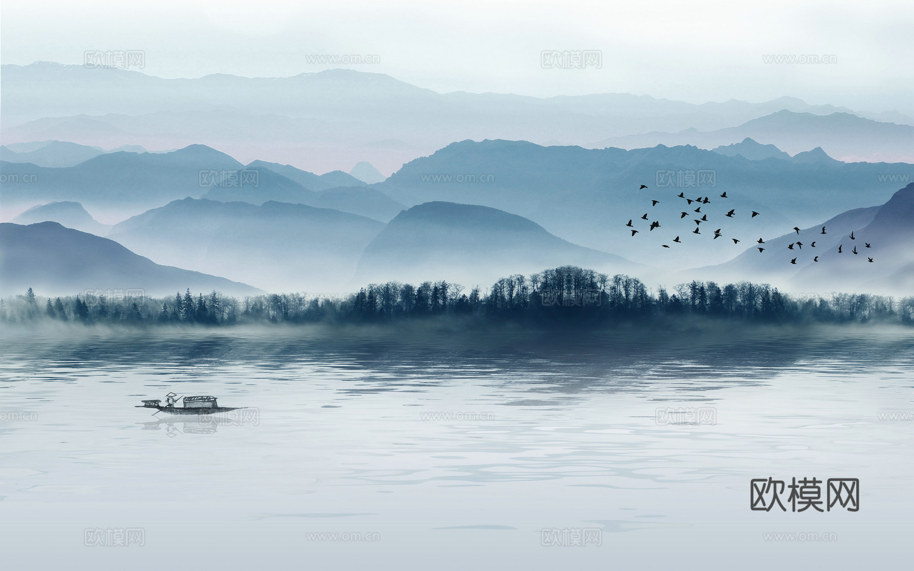 中式新中式蓝色山水意境壁纸壁画装饰画
