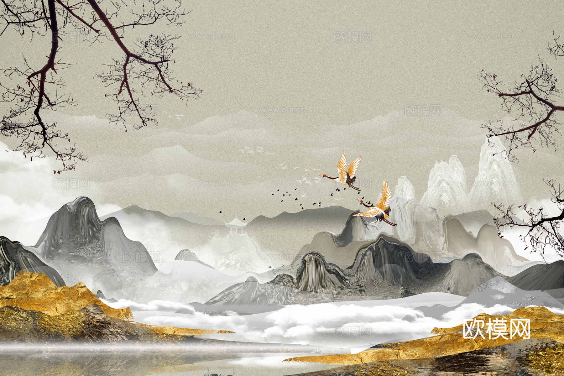 新中式山水壁纸壁画  中式山水壁纸壁画
