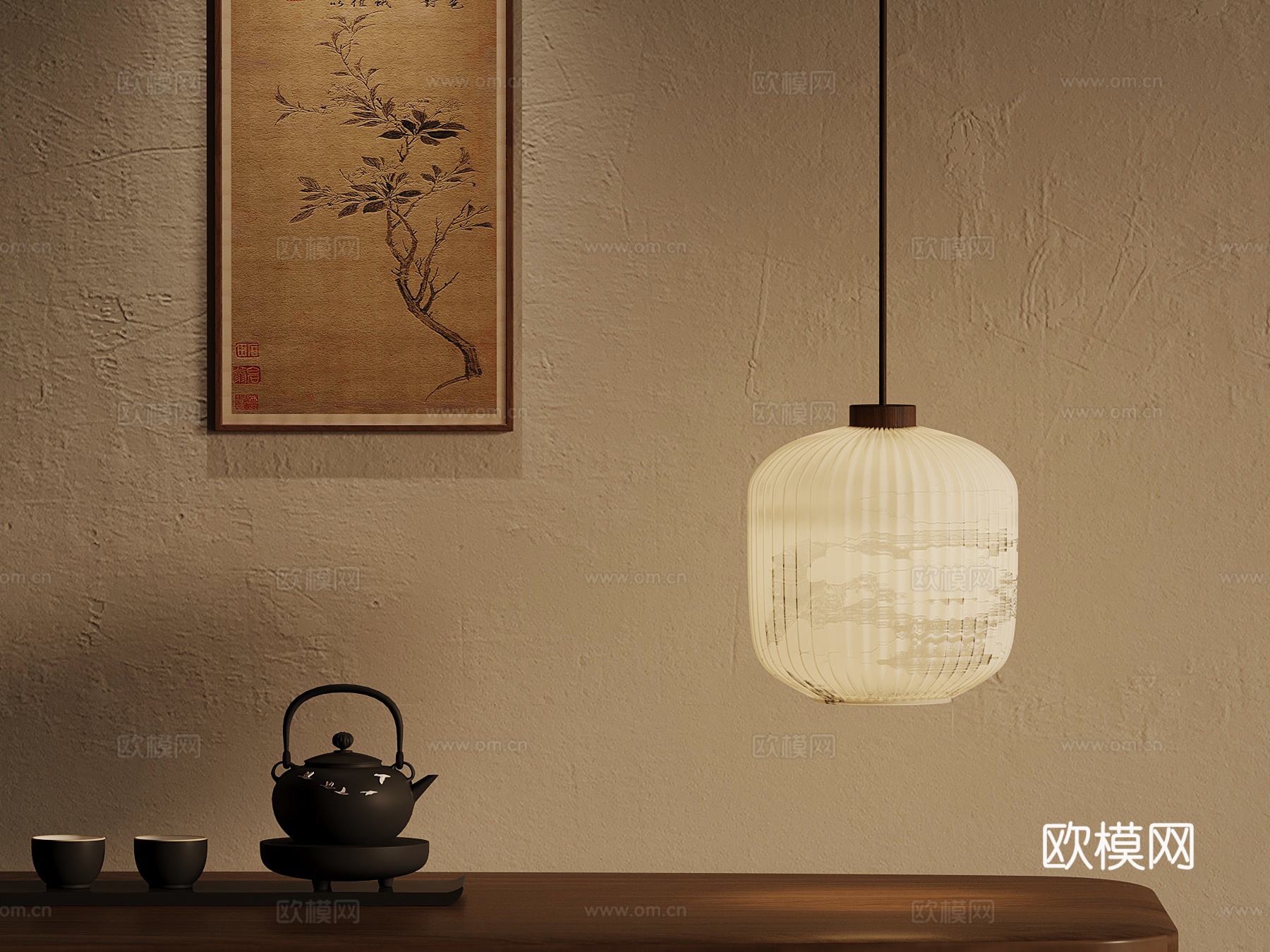新中式吊灯 装饰画 茶具3d模型