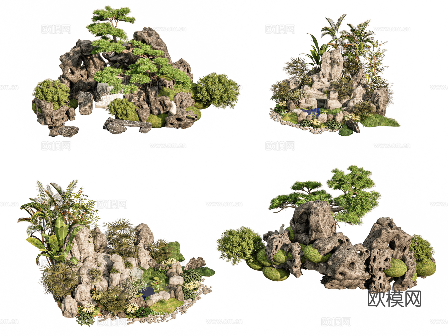 现代新中式假山 新中式庭院石头 庭院石头造景小品 石头岩石su模型