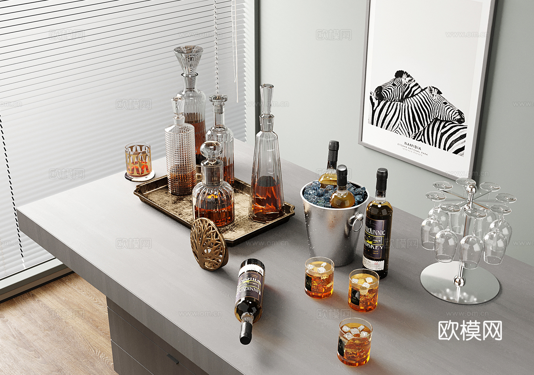 现代酒瓶酒杯 酒水 酒具 洋酒红酒 托盘免费su模型