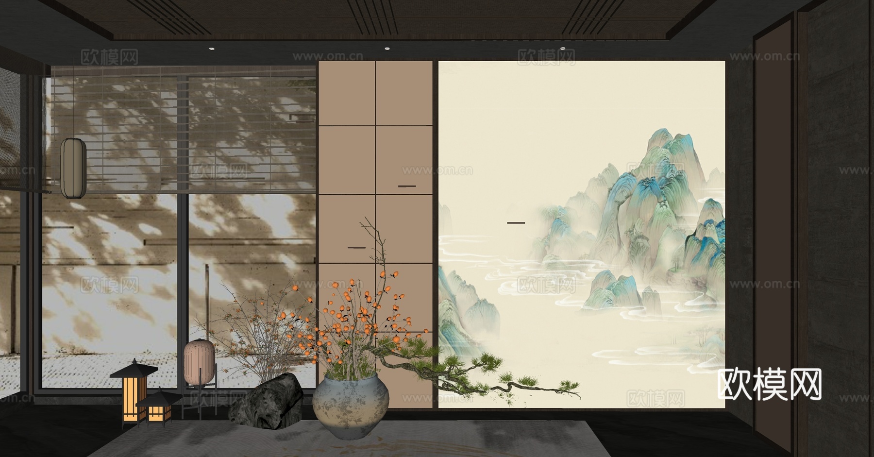 盆栽 新中式盆栽 茶室背景墙 宋式美学背景墙 中式禅意背景墙su模型