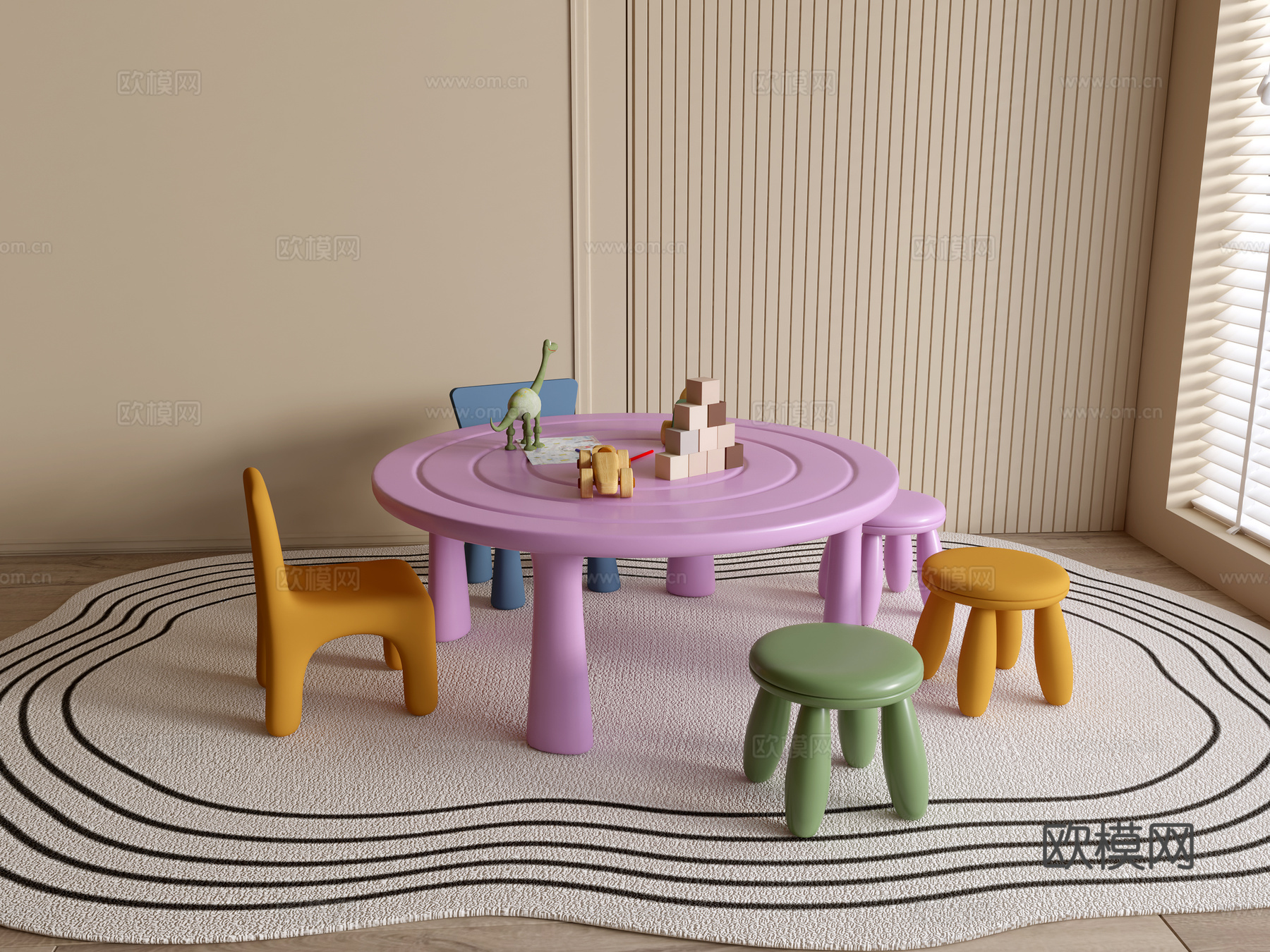 现代幼儿园桌椅 幼儿园玩具 儿童座椅组合 儿童手工桌 卡通桌3d模型