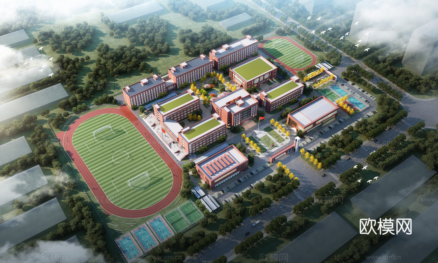 现代学校鸟瞰图  学校规划3d模型