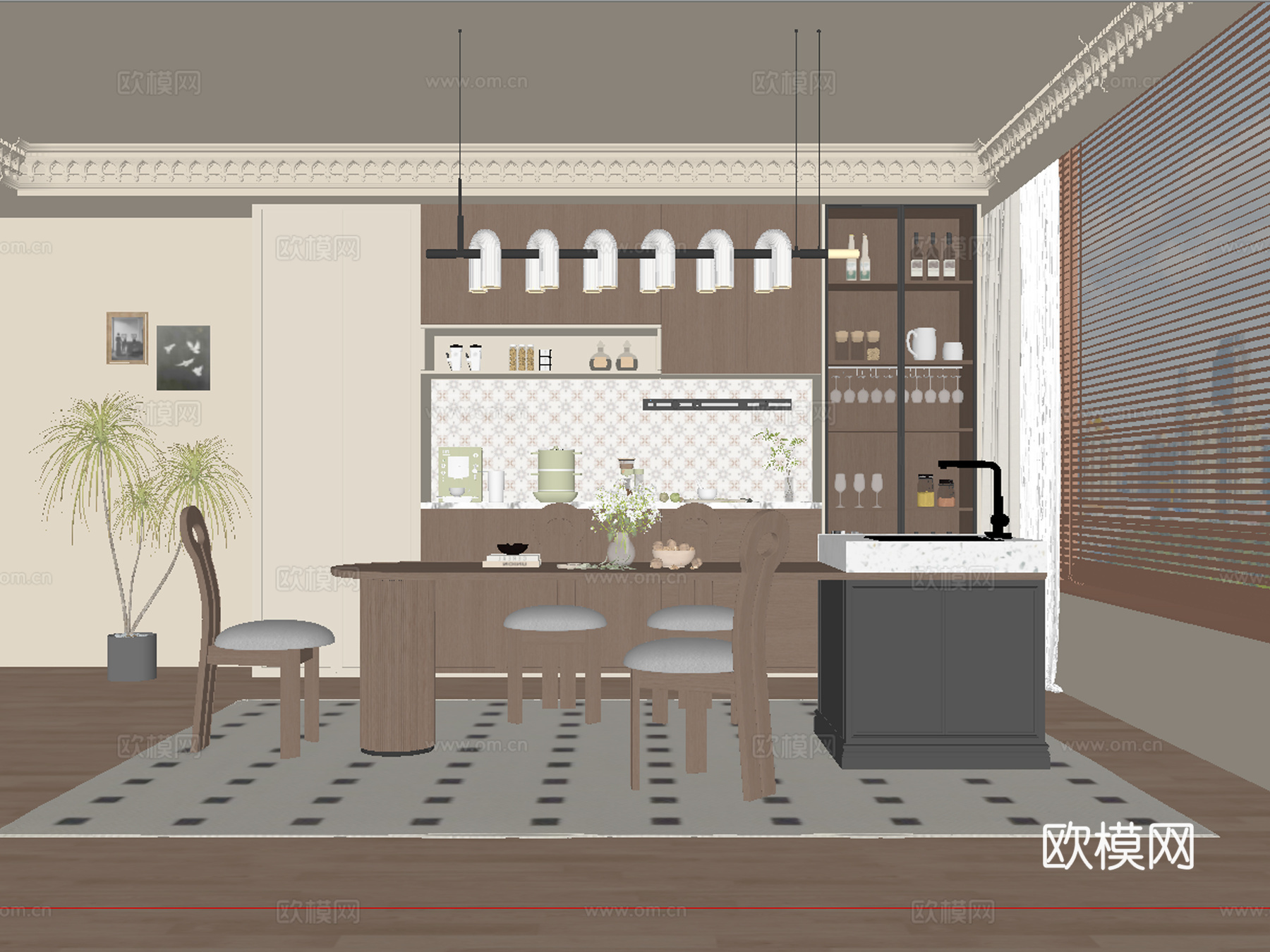 中古风餐厅 餐桌椅su模型下载（渲染图2）