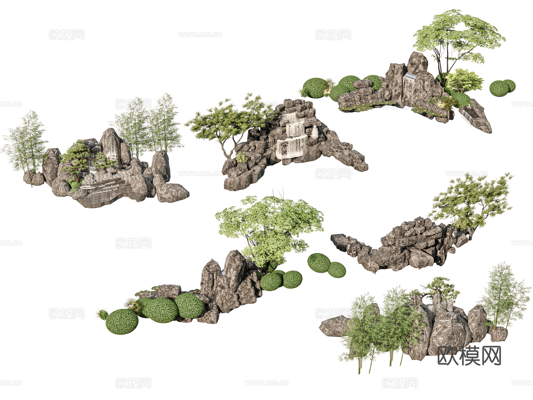 新中式现代假山 新中式庭院石头 庭院石头造景小品 石头岩石su模型
