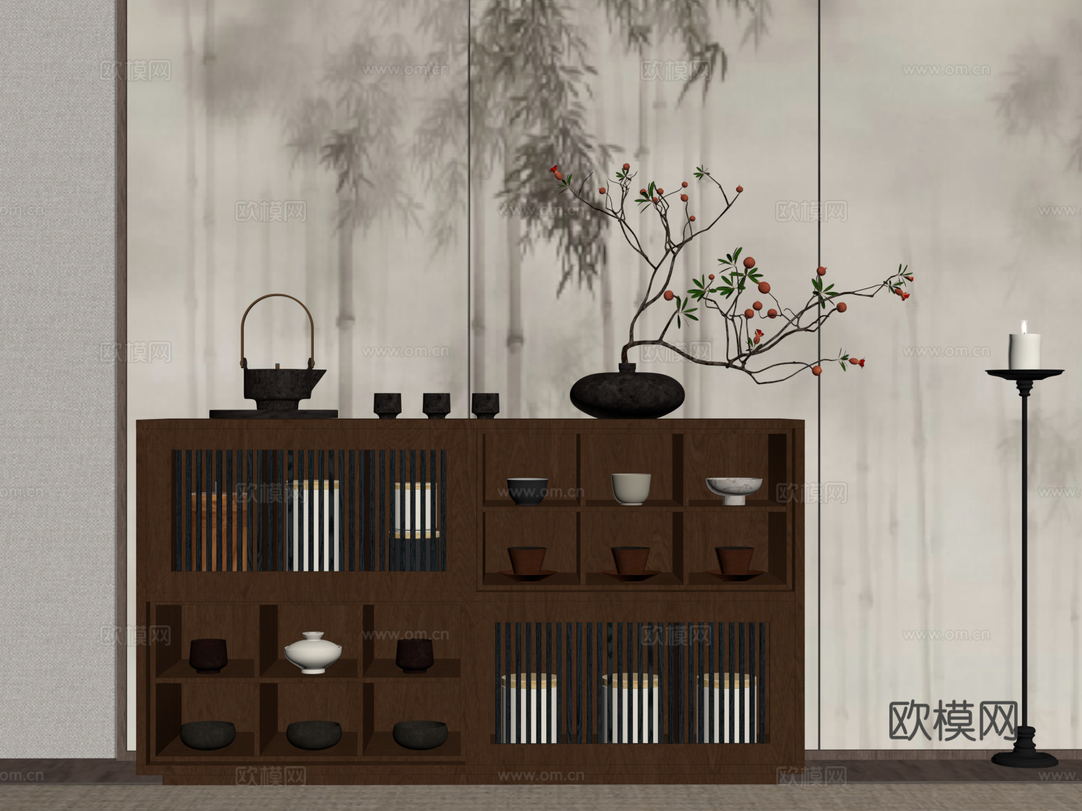 茶柜 新中式实木茶水柜 茶具su模型