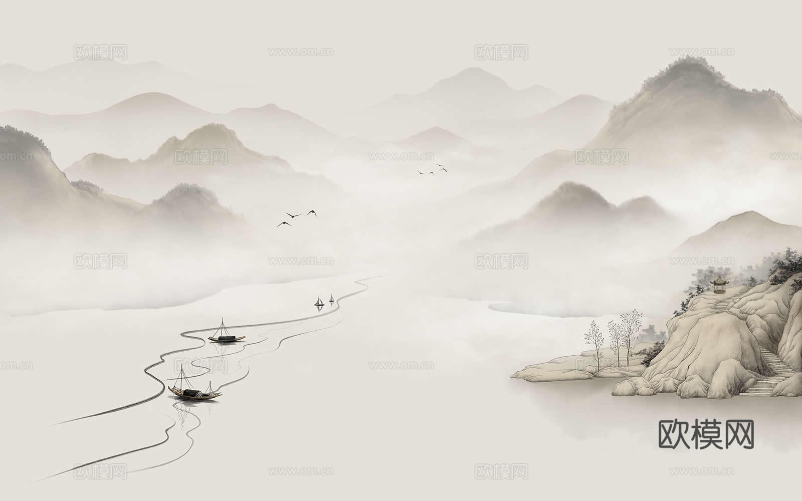 新中式山水壁纸壁画  中式山水壁纸壁画