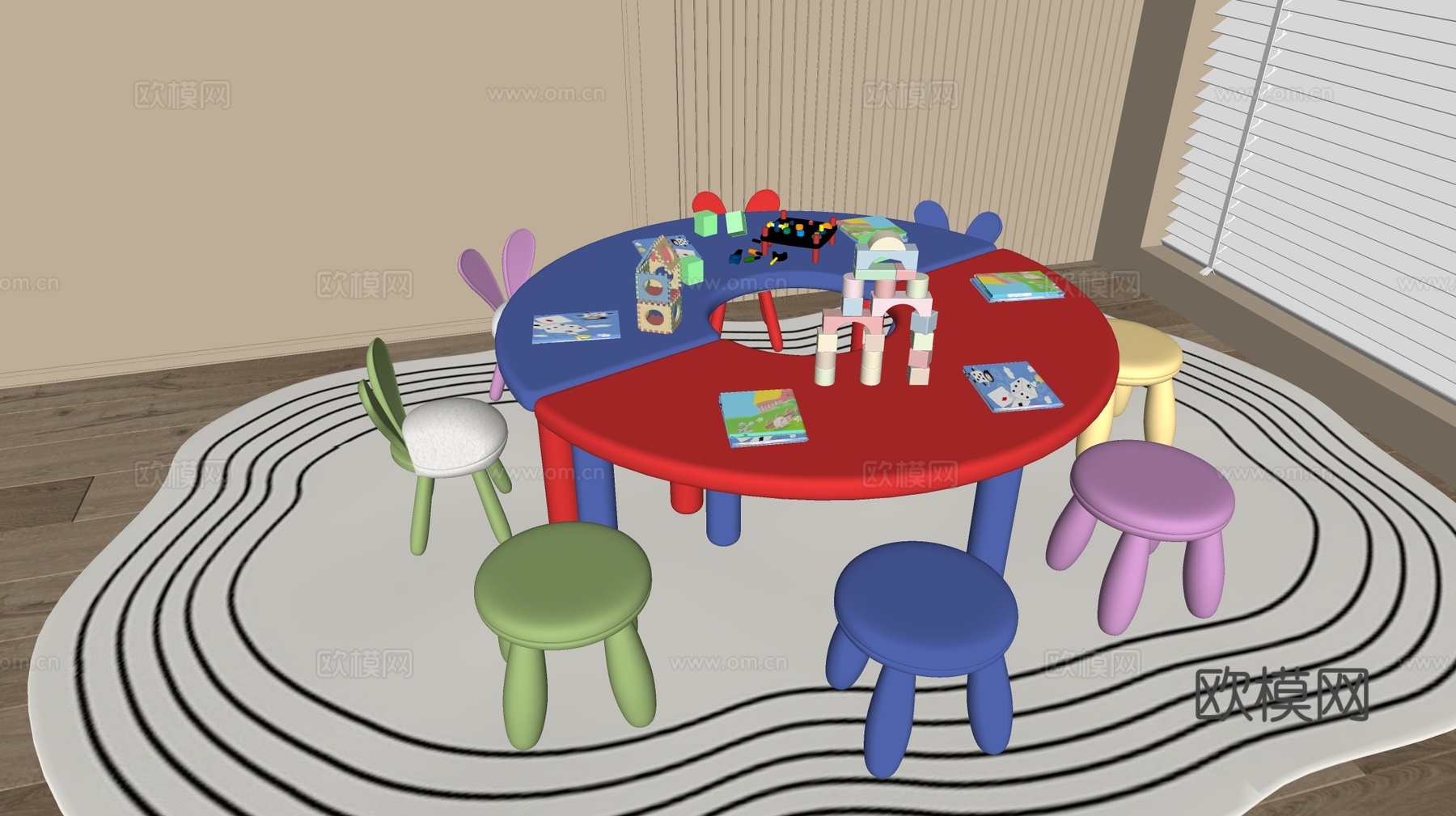 现代幼儿园桌椅 幼儿园玩具 儿童座椅组合 儿童手工桌 卡通桌su模型