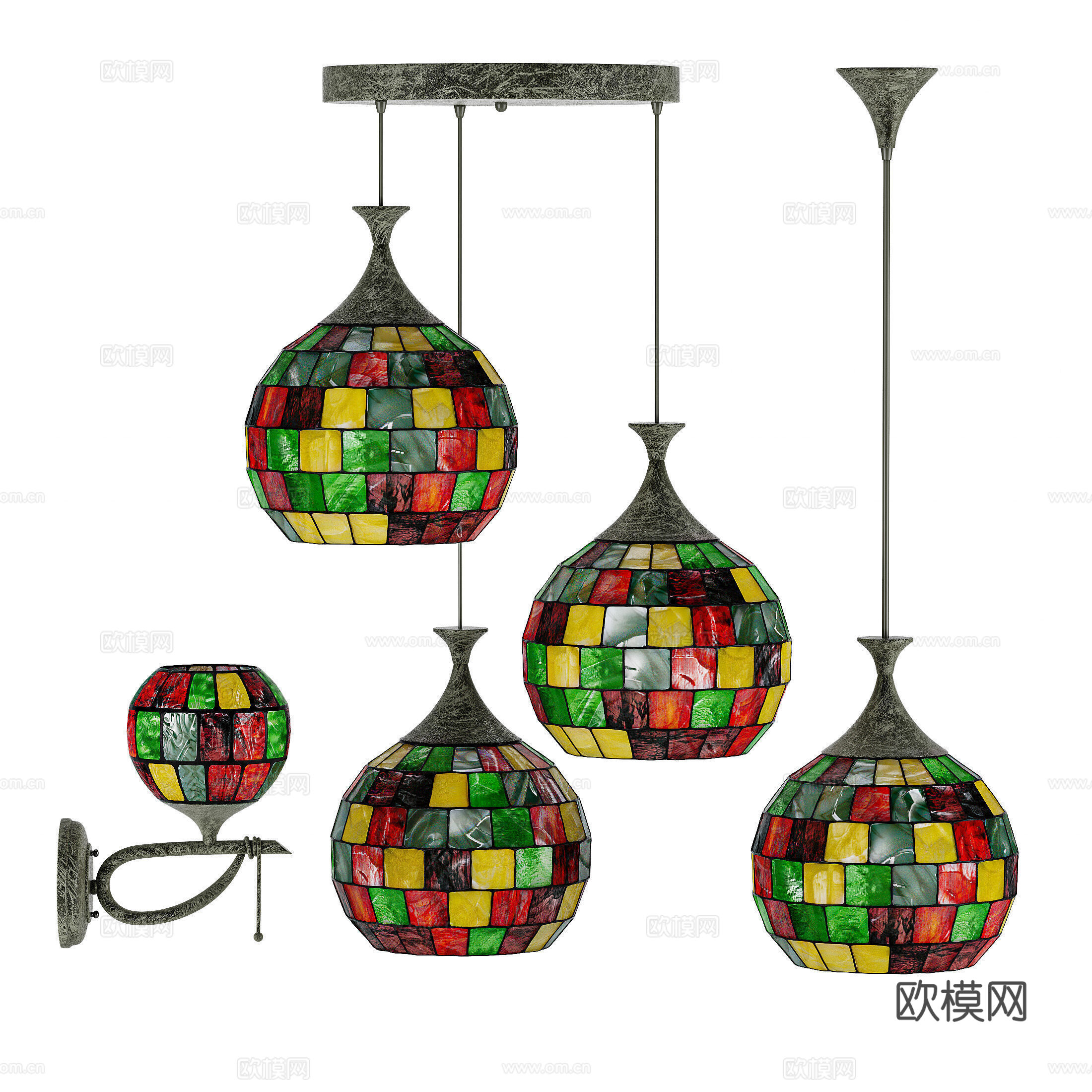 美式复古彩色贝壳玻璃吊灯3d模型