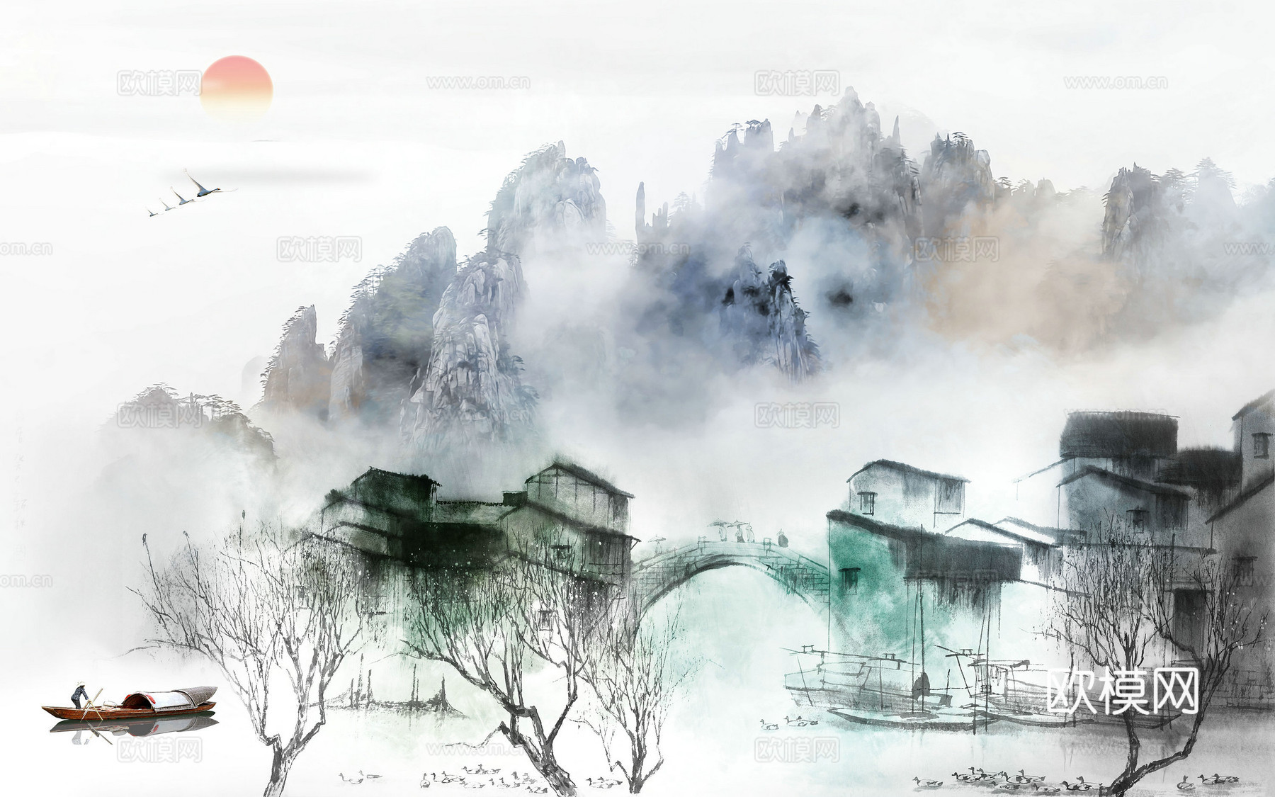 新中式 中式山水水墨壁纸壁画