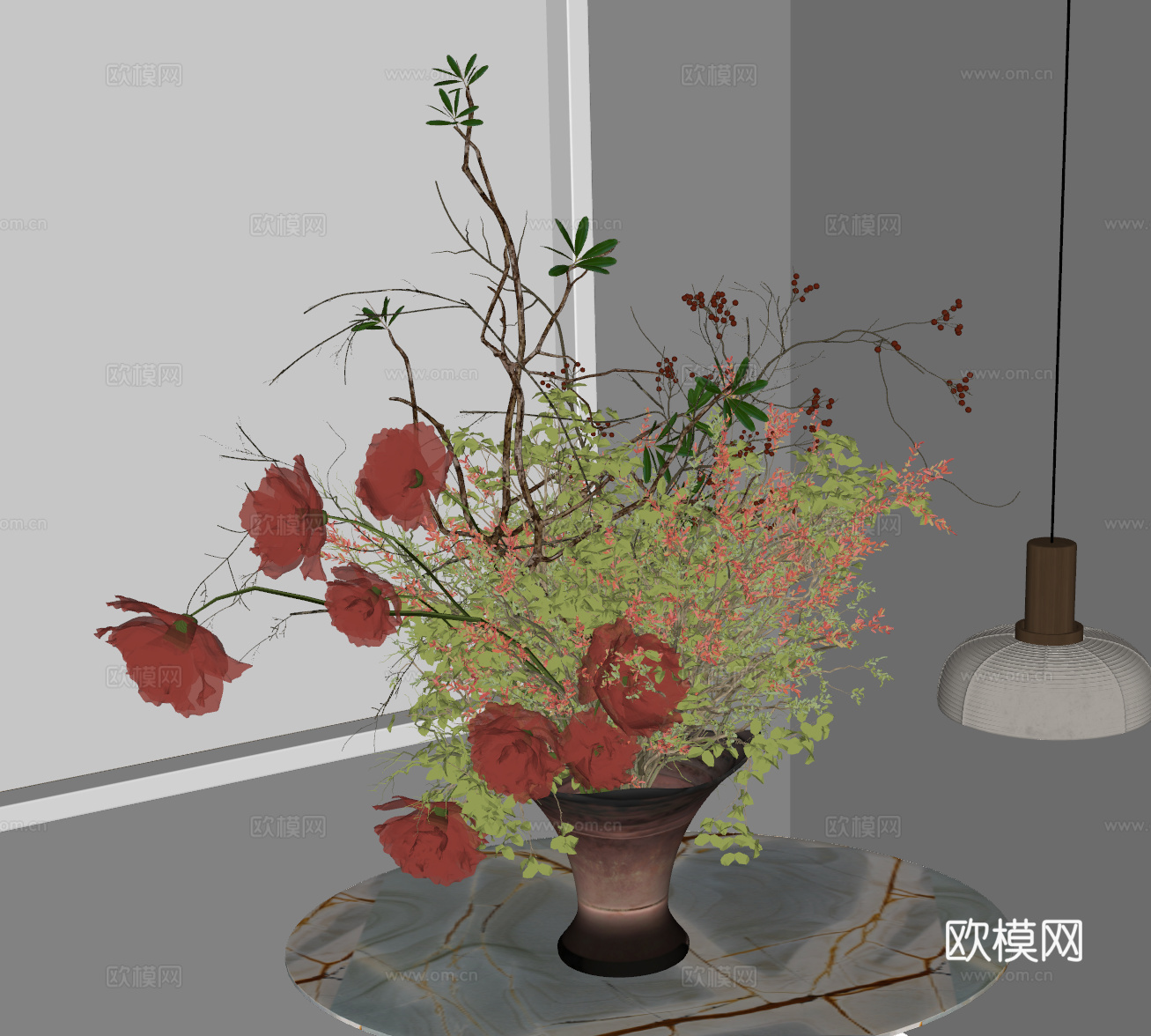 花瓶 中古花艺盆景 陶罐花瓶 干枝花艺 装饰摆件 花 现代花su模型