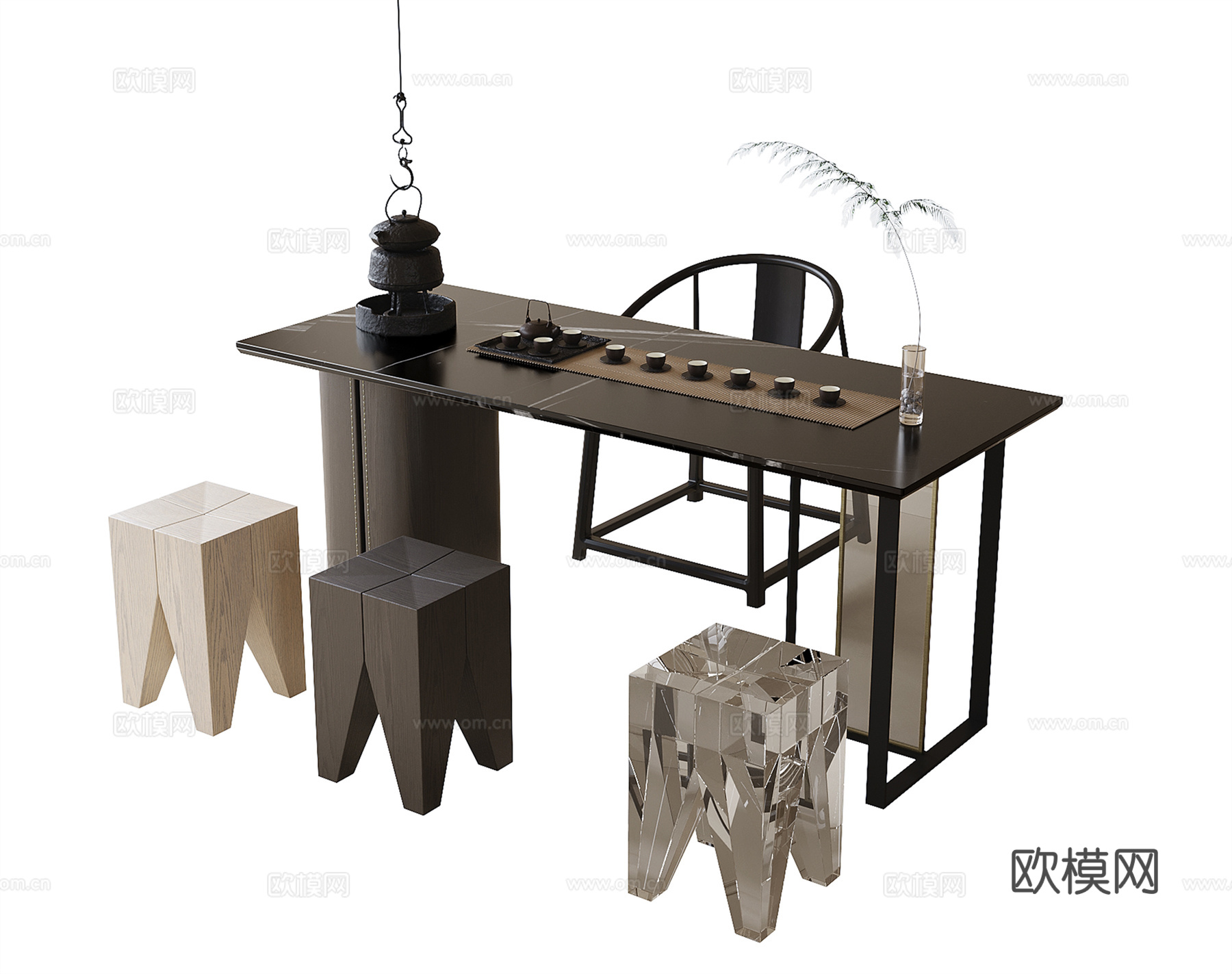 现代茶桌椅 凳子 茶具3d模型