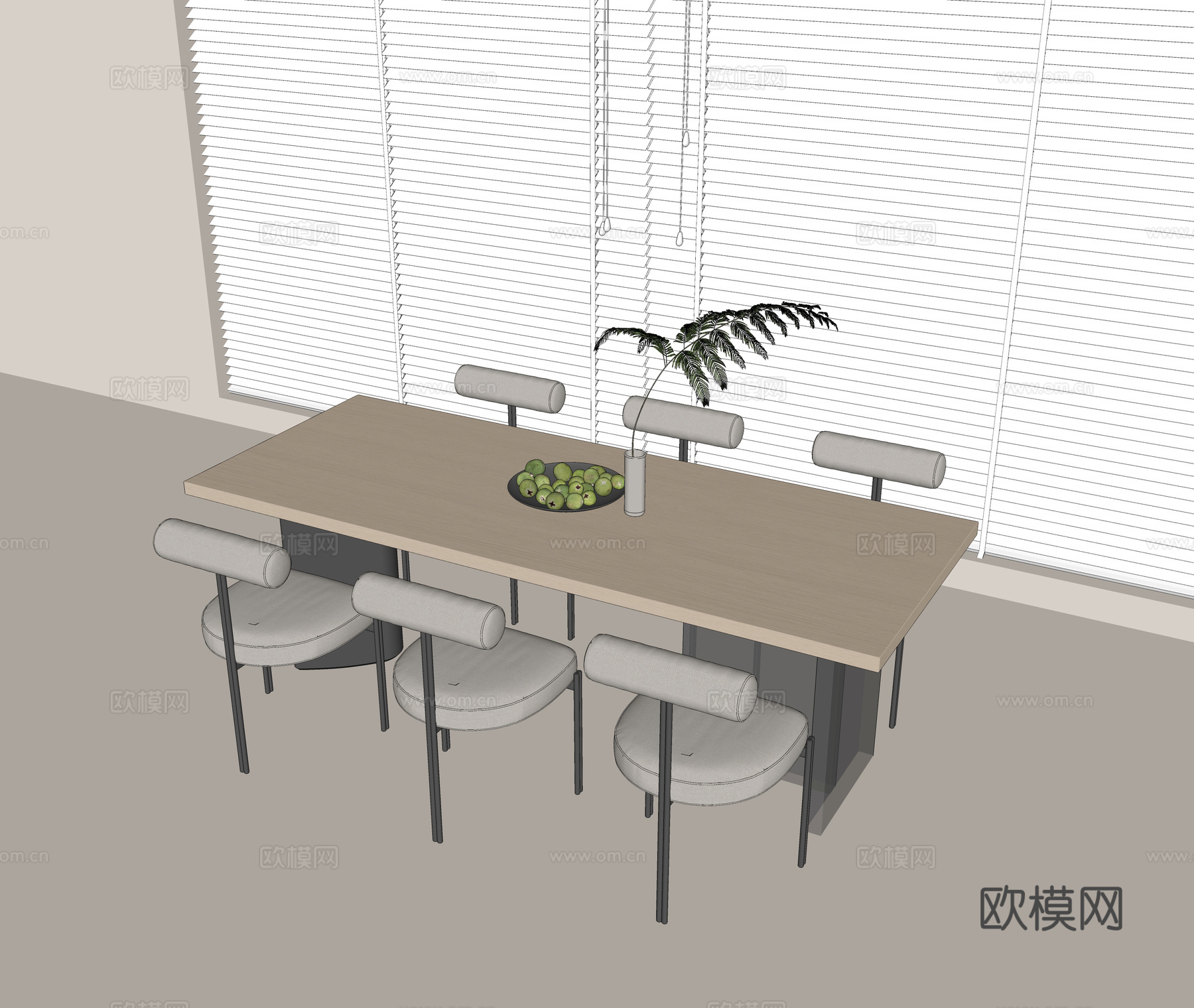 现代餐桌椅组合 实木餐桌 休闲餐椅 亚克力桌脚 水果果盘 花su模型