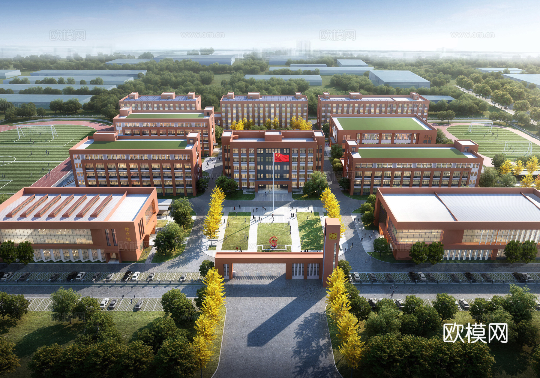 现代学校鸟瞰图  学校规划鸟瞰3d模型