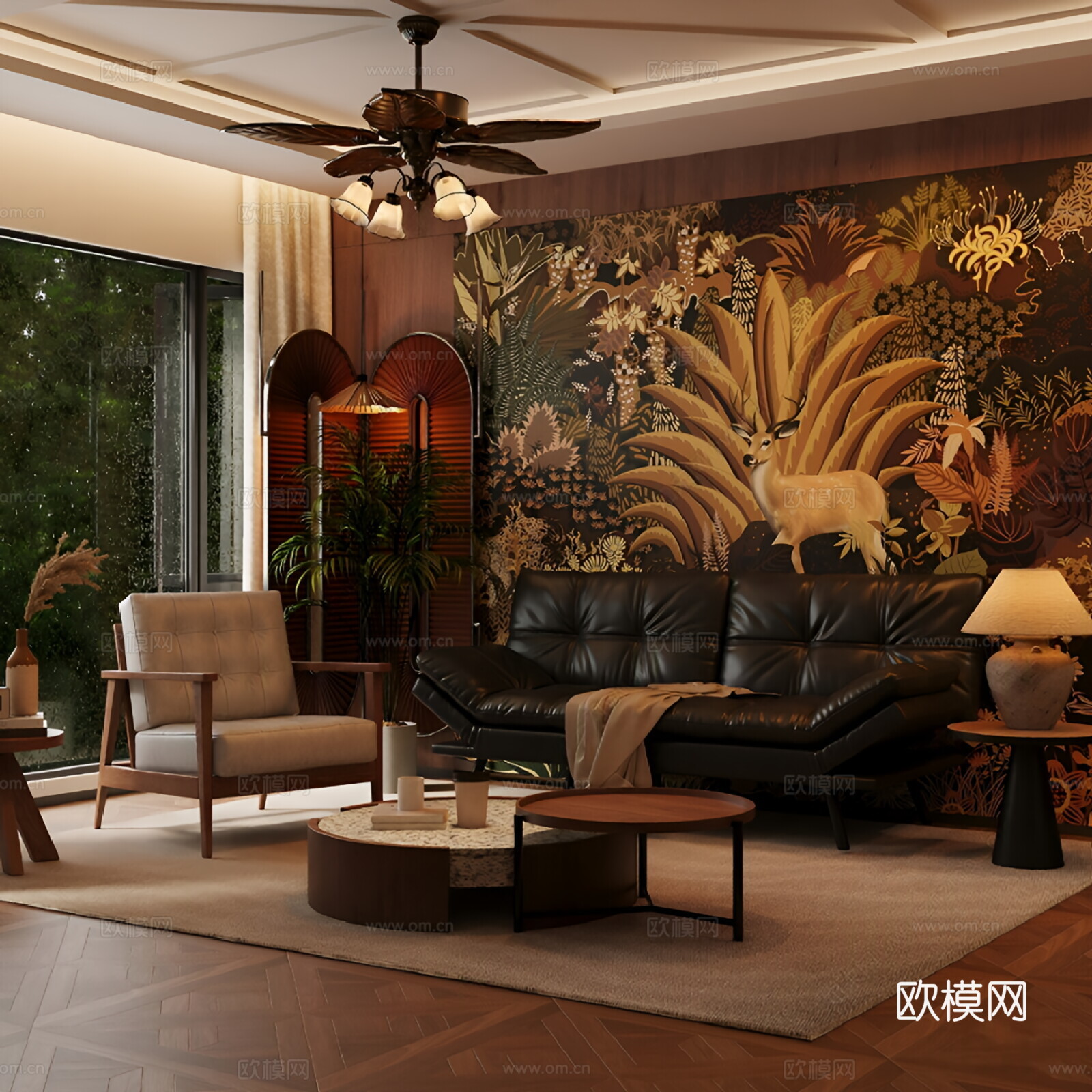 中古美式家居客厅 带动画 中古风壁画 美式壁画 中古风客厅3d模型