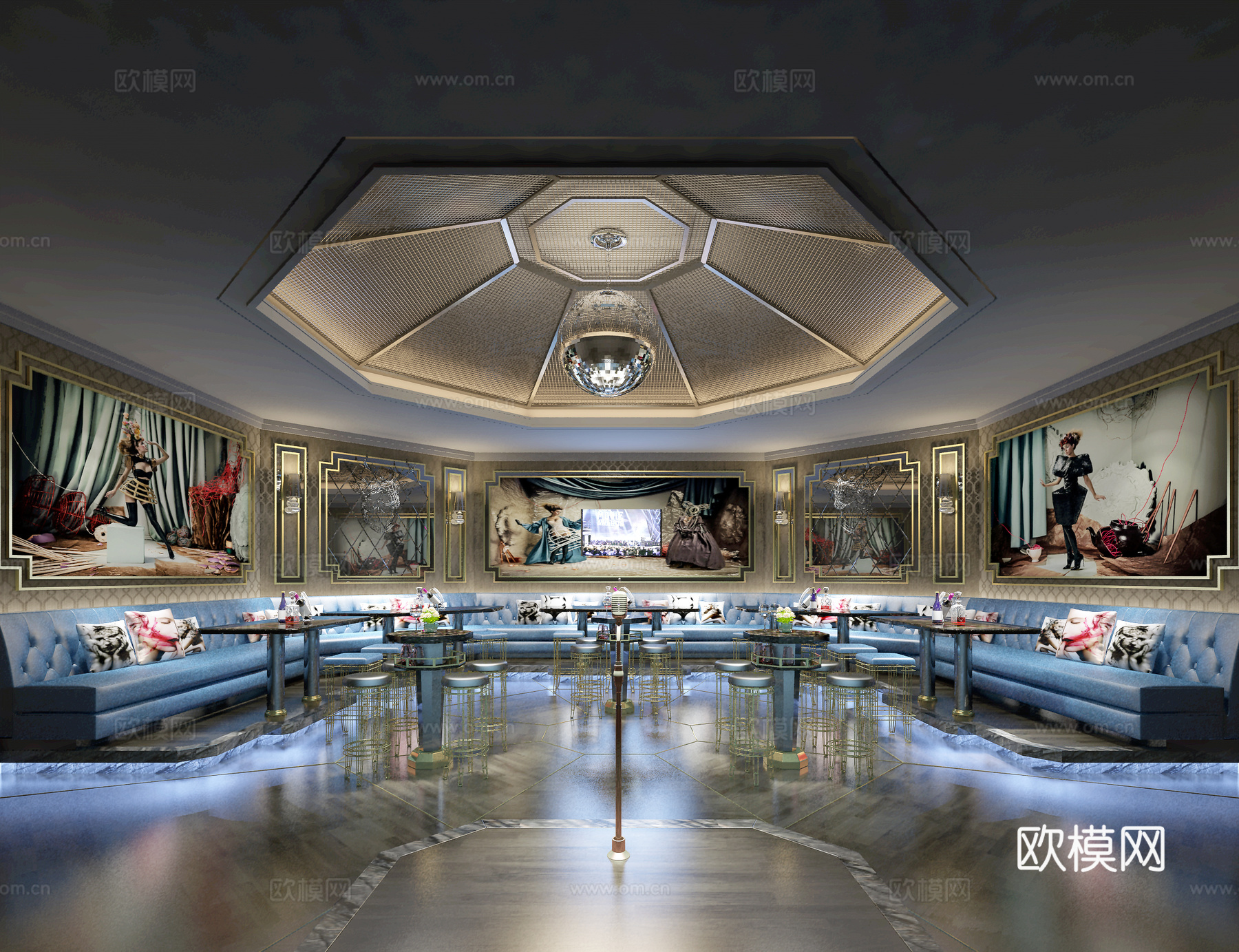 工业风KTV 真皮沙发 发光灯池 穹顶造型 麦克风 壁画3d模型