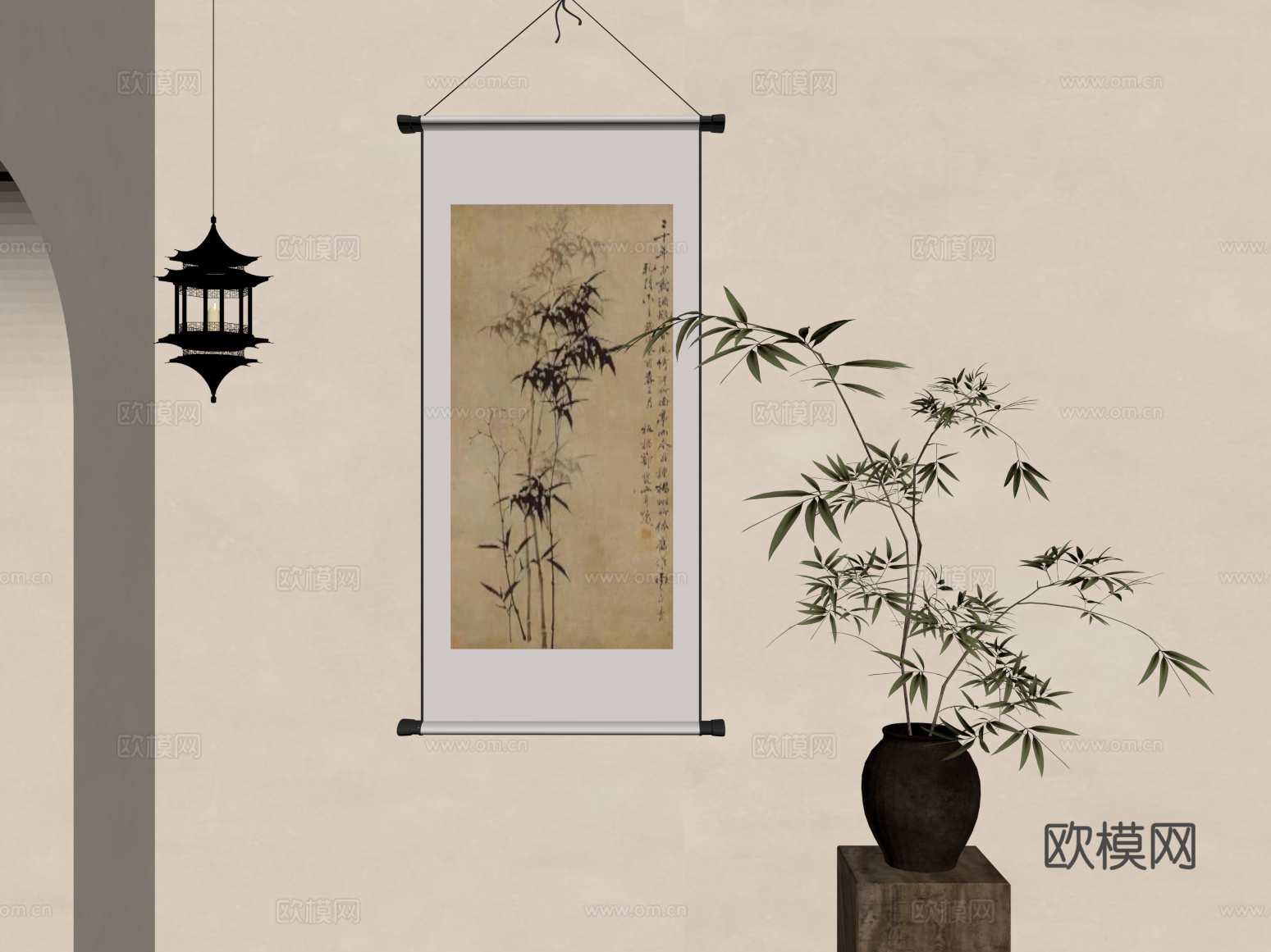 绿植盆栽 装饰画 吊灯 花瓶su模型