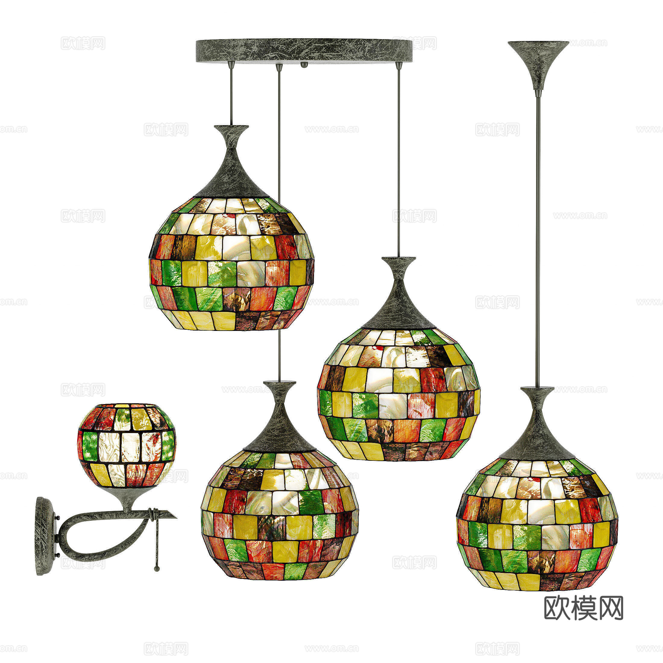 美式复古彩色贝壳玻璃吊灯3d模型