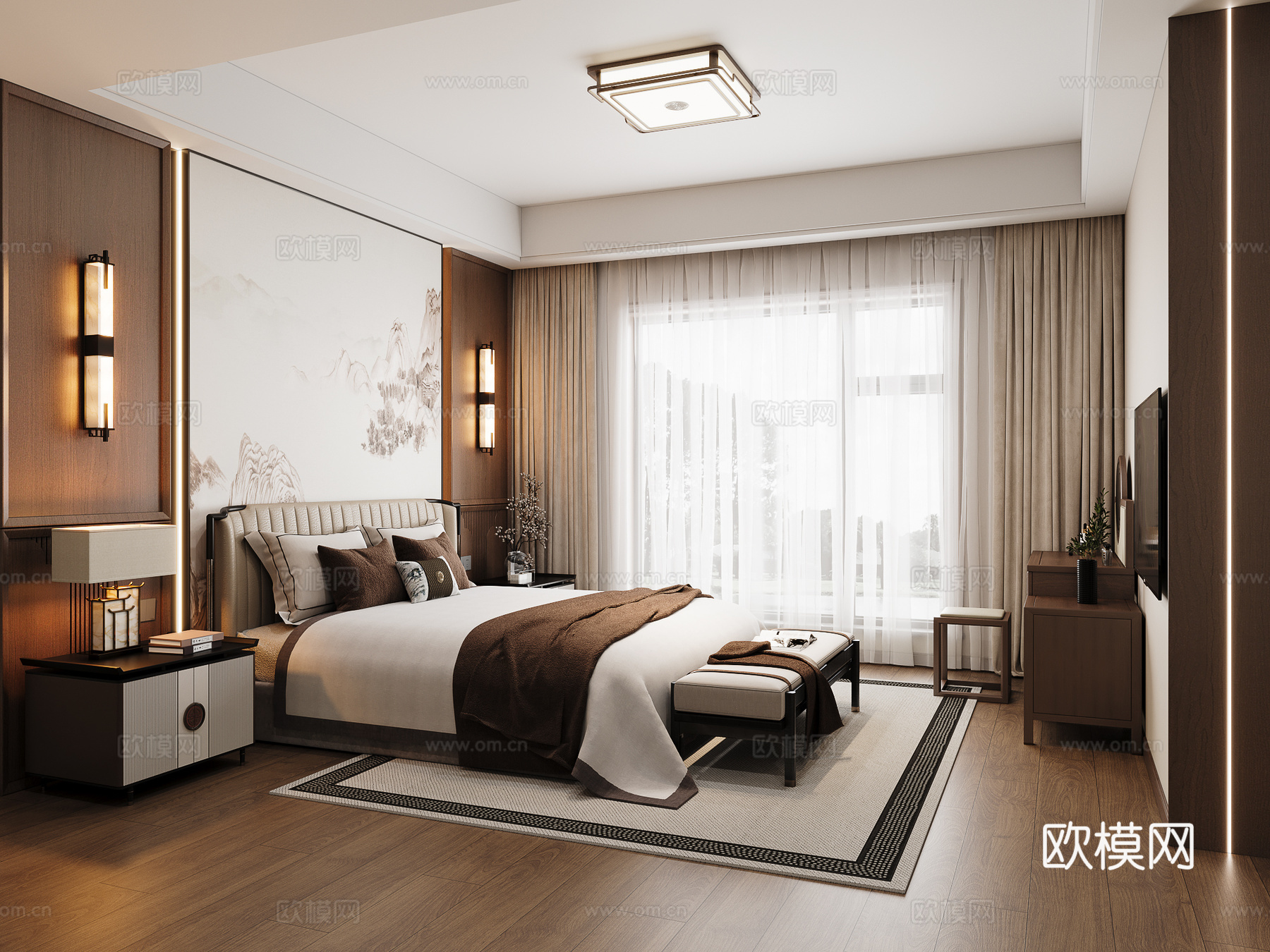 新中式卧室su模型下载（渲染图1）