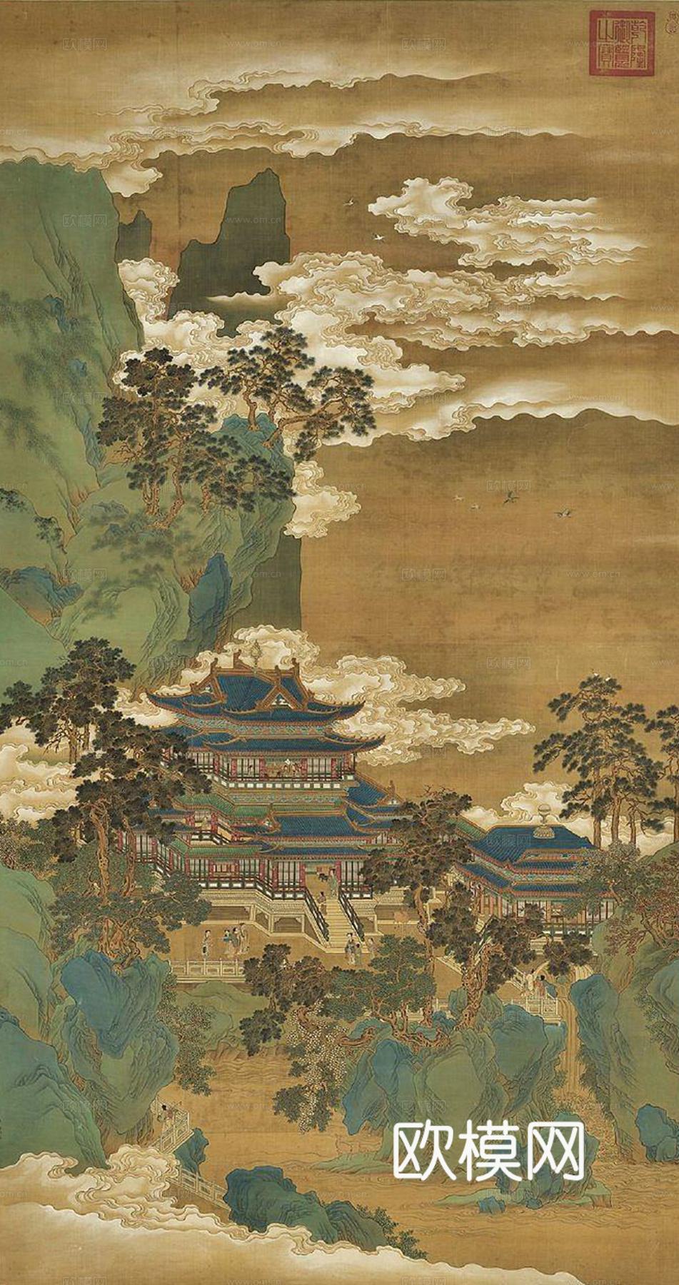 中式山水楼阁壁画壁纸
