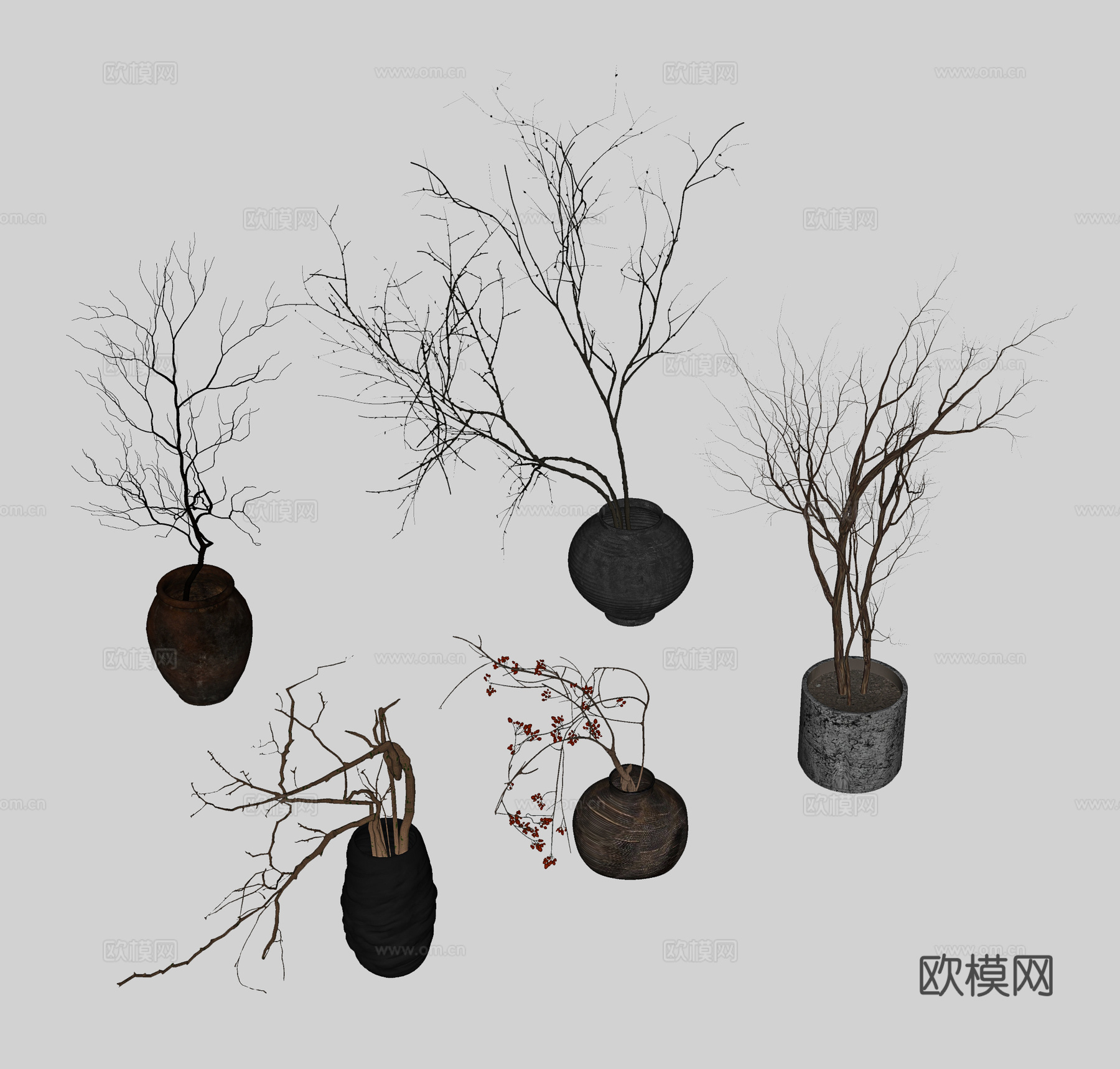 侘寂中古干枝盆景su模型