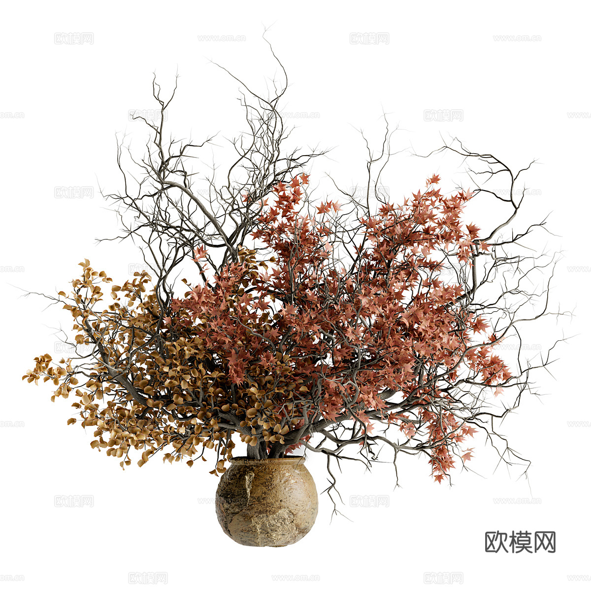 新中式陶罐红枫花艺3d模型